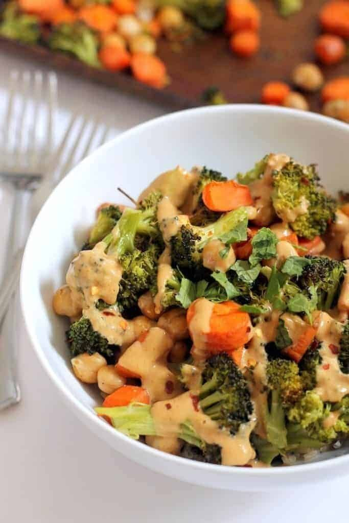 High Fiber Recipes for Dinner Fresh Chickpea Broccoli Buddha Bowl with Peanut Sauce
